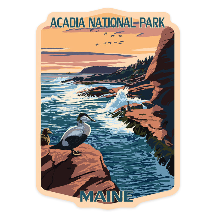 Acadia National Park, Maine, Mount Desert Island With Bird, Contour, Vinyl Sticker