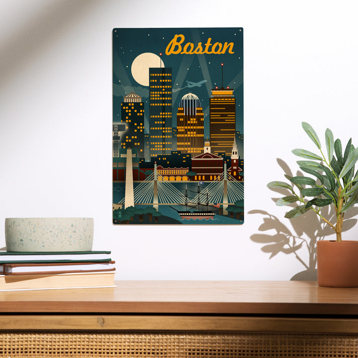 Boston, Massachusetts, Retro Skyline, Wood Sign and Postcards