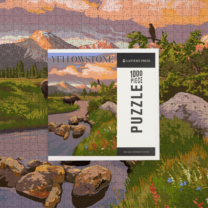 Yellowstone National Park, Moose and Mountain Stream at Sunset, Jigsaw Puzzle
