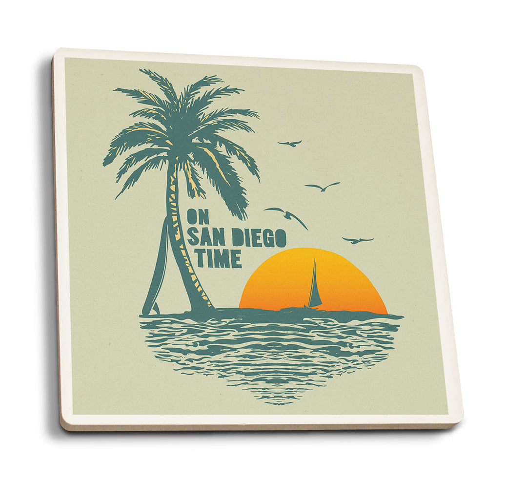 On San Diego Time, Sunset with Palm Tree, Coaster Set