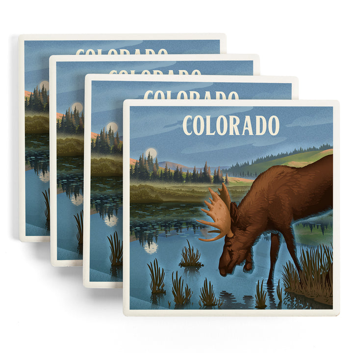Colorado, Lithograph, Reflection Pond and Bull Moose, Coasters