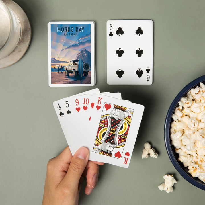 Playing Cards, Morro Bay, California, Lithograph, Surfers on Beach, 52 Card Deck with Jokers in Box, Unique Art