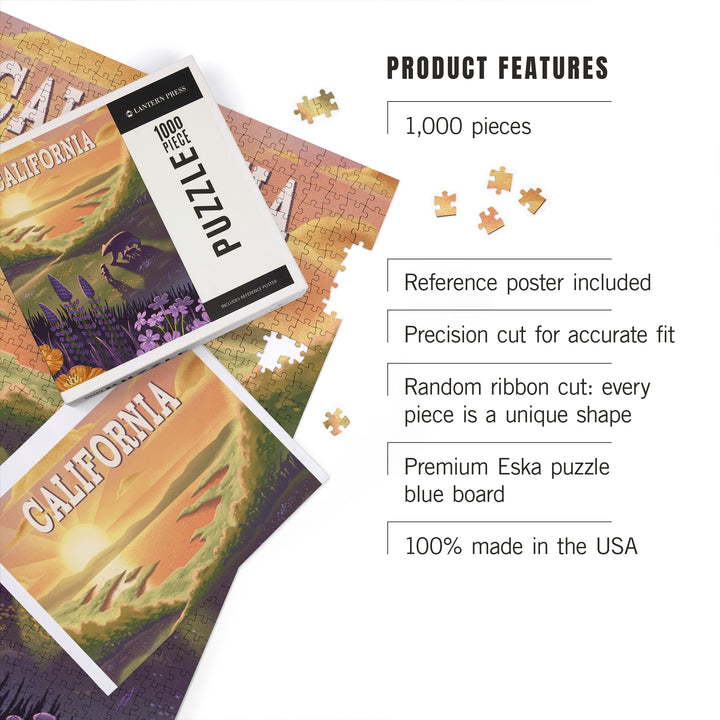 California, Bear and Spring Flowers, Lithograph, 1000 Piece Jigsaw Puzzle