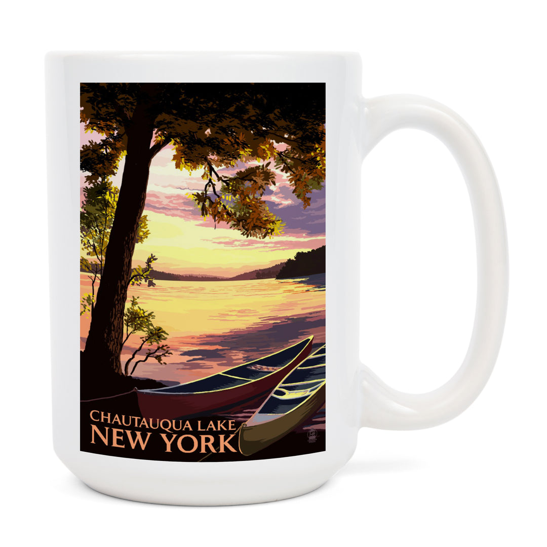 Chautauqua Lake, New York, Canoe and Lake at Sunset, Lantern Press Artwork, Ceramic Mug