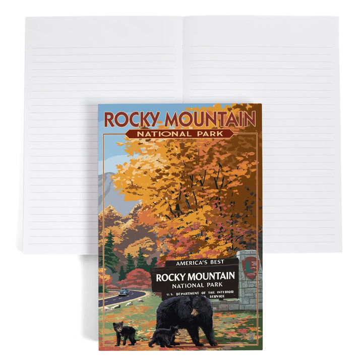 Lined 6x9 Journal, Rocky Mountain National Park, Black Bear and Cubs at Entrance, Lay Flat, 193 Pages, FSC paper