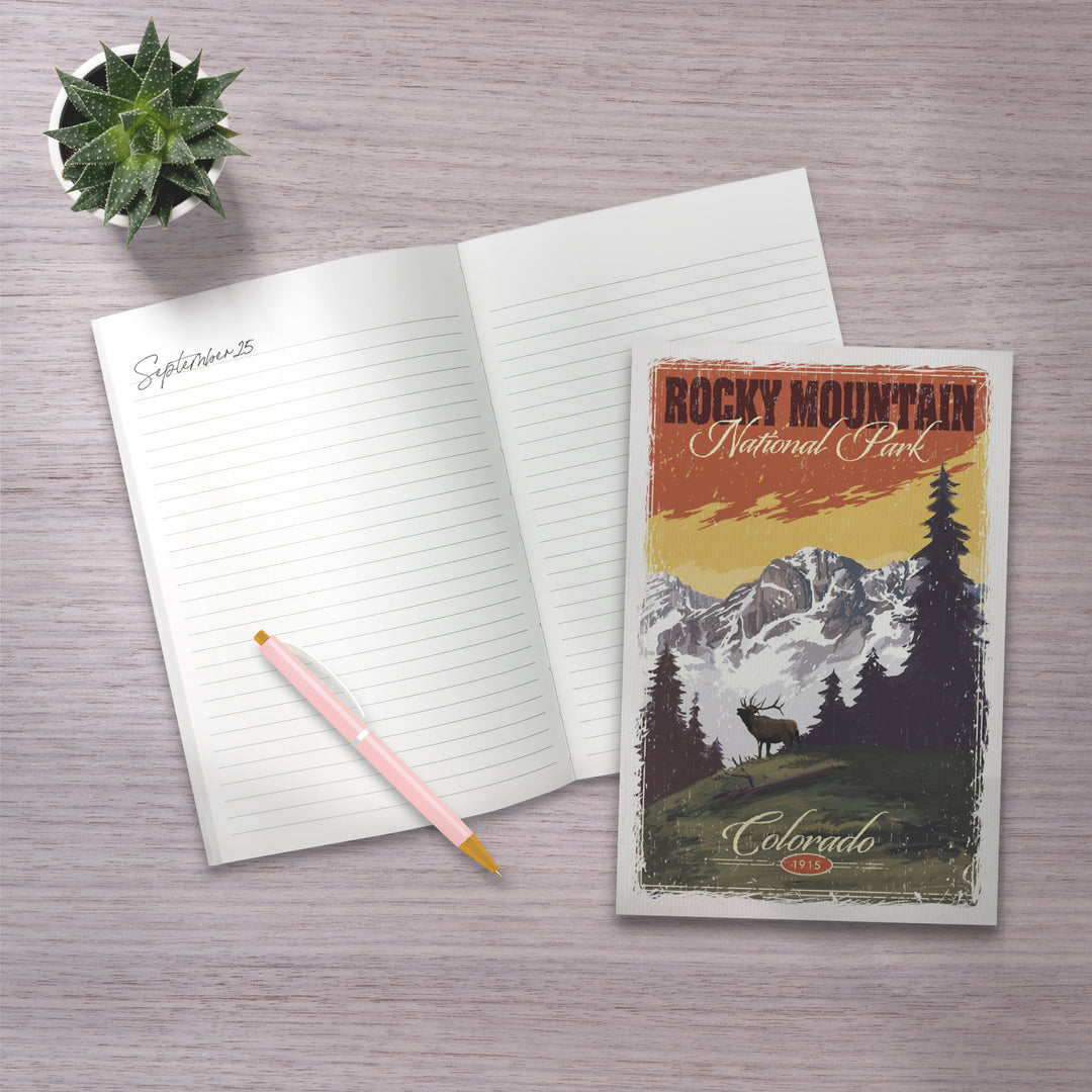 Lined 6x9 Journal, Rocky Mountain National Park, Mountain View and Elk, Distressed, Lay Flat, 193 Pages, FSC paper