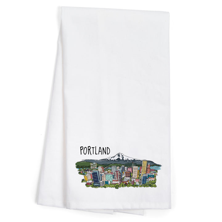 Portland, Oregon, Cityscape, Line Drawing, Organic Cotton Kitchen Tea Towels