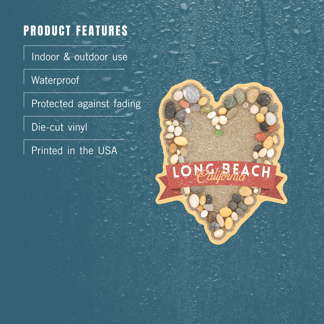 Long Beach, California, Stone Heart on Sand, Contour, Vinyl Sticker