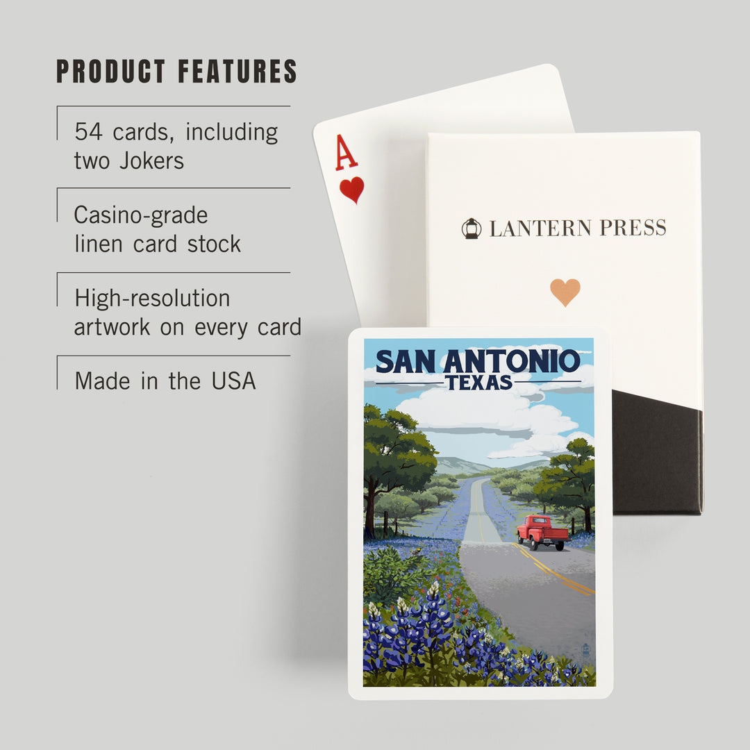 Playing Cards, San Antonio, Texas, Painterly, Bluebonnets and Highway, 52 Card Deck with Jokers in Box, Unique Art