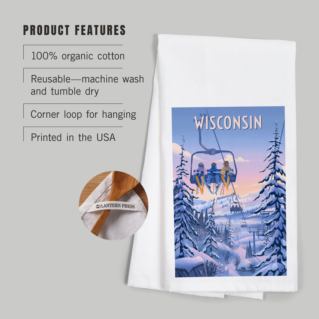 Wisconsin, Chill on the Uphill, Ski Lift, Organic Cotton Kitchen Tea Towels