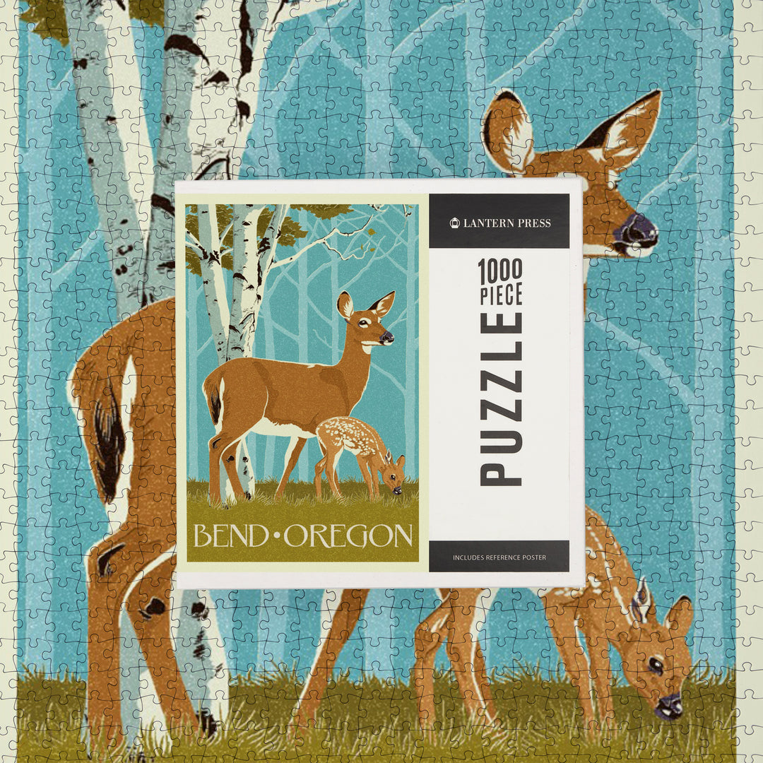 Bend, Oregon, Deer and Fawn, Letterpress, Jigsaw Puzzle