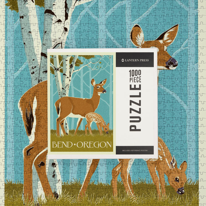 Bend, Oregon, Deer and Fawn, Letterpress, Jigsaw Puzzle