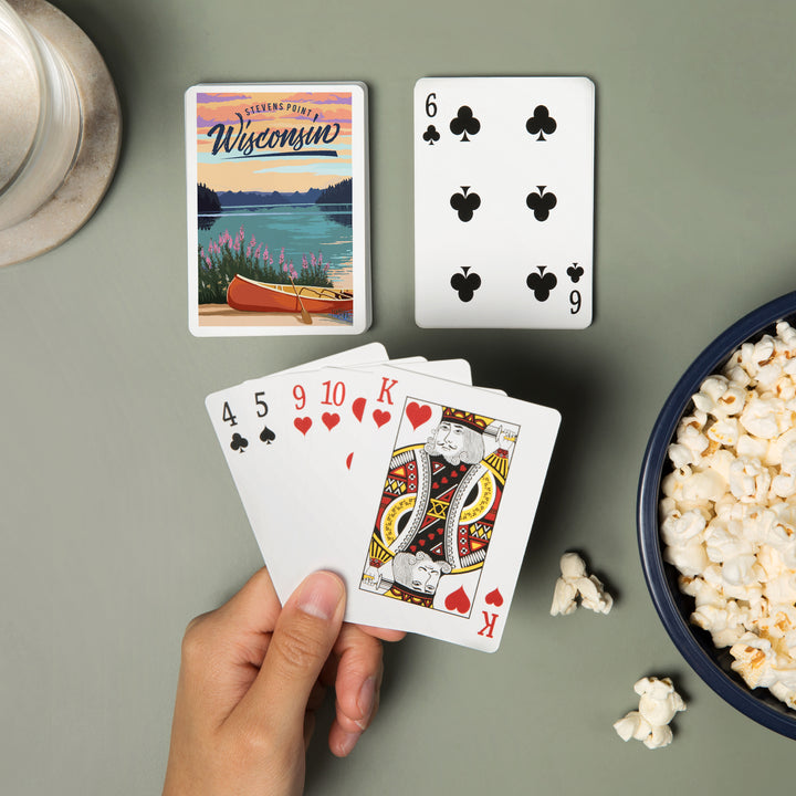 Playing Cards, Stevens Point, Wisconsin, Canoe and Lake Scene, 52 Card Deck with Jokers in Box, Unique Art