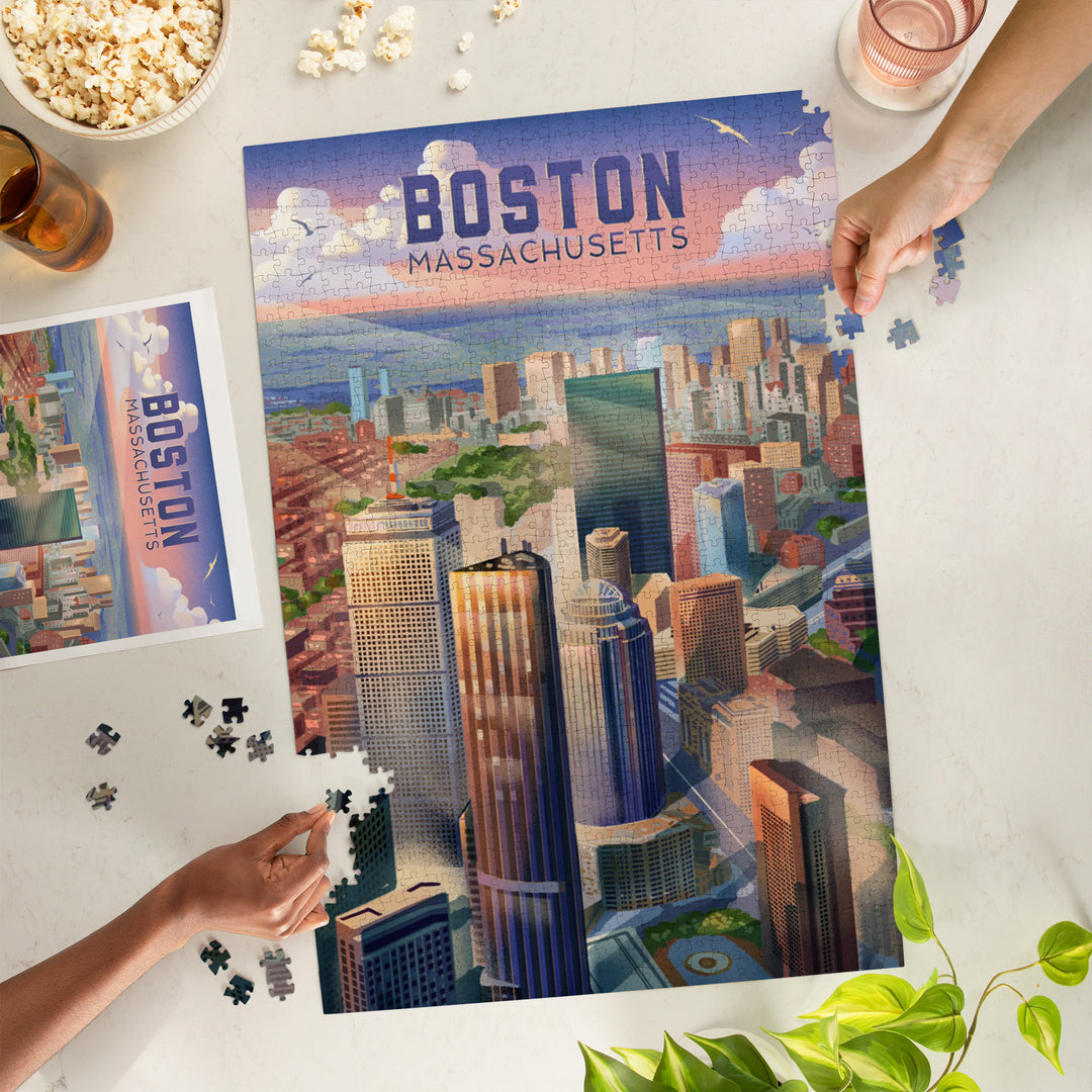 Boston, Massachusetts, Lithograph, City Series, 1000 Piece Jigsaw Puzzle