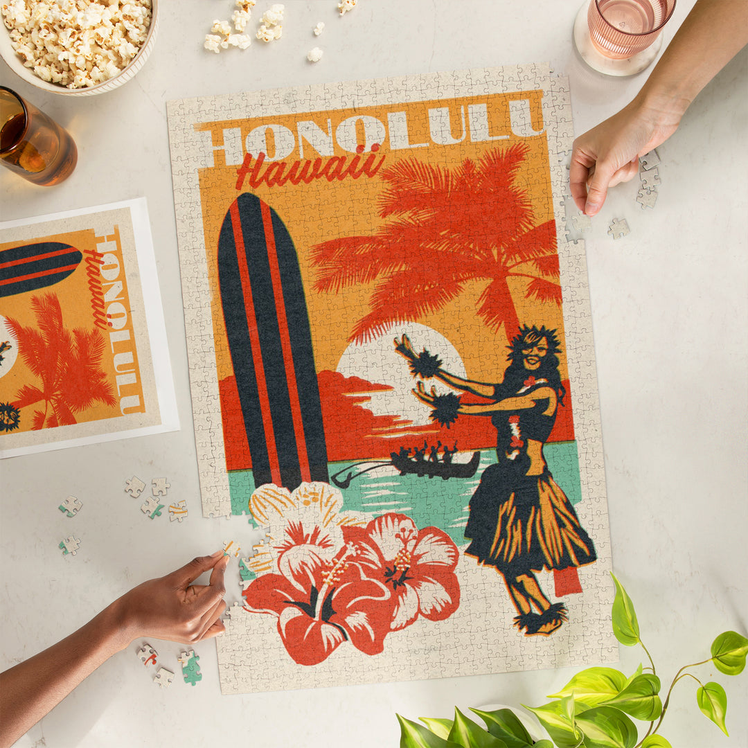 Honolulu, Hawaii, Woodblock City Series, Hula Dancer, 1000 Piece Jigsaw Puzzle