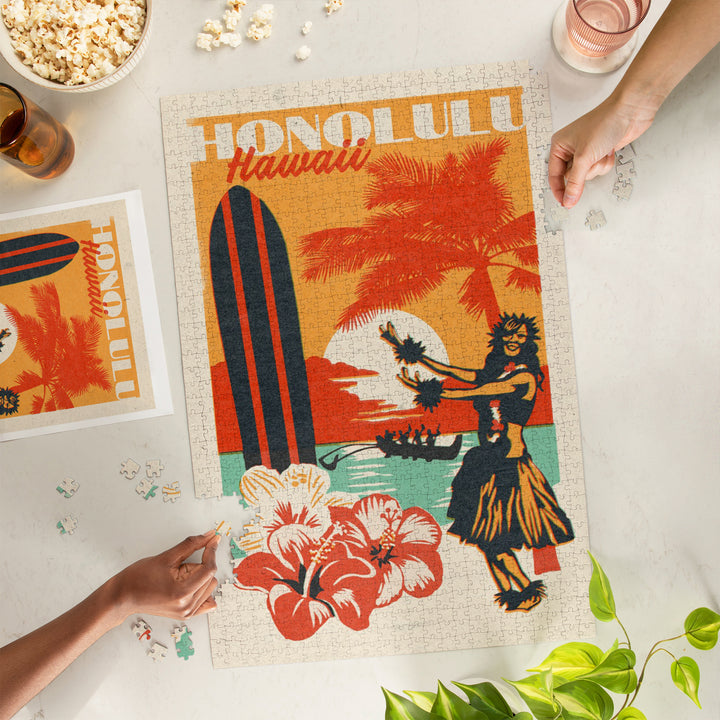 Honolulu, Hawaii, Woodblock City Series, Hula Dancer, 1000 Piece Jigsaw Puzzle
