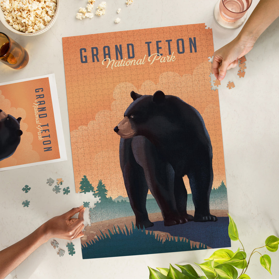 Grand Teton National Park, Wyoming, Lithograph, Black Bear, Jigsaw Puzzle