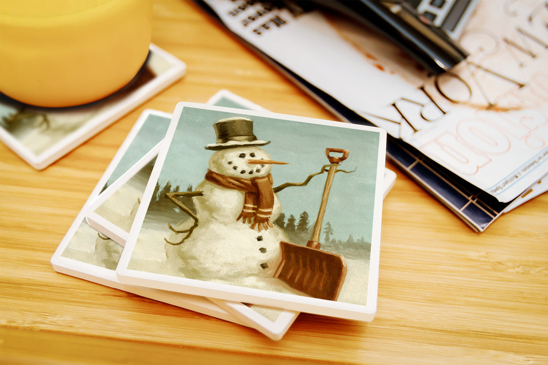 Snowman, Christmas Oil Painting, Coaster Set
