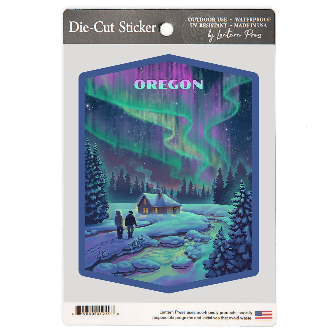 Oregon, Litho, Northern Lights and Cabin, Vinyl Sticker