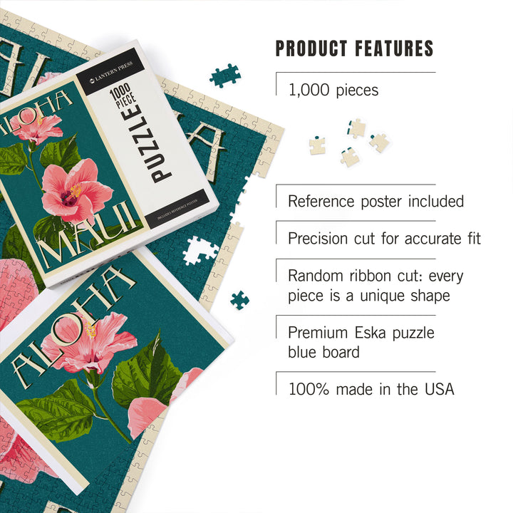 Maui, Hawaii, Aloha, Pink Hibiscus, Letterpress, Jigsaw Puzzle