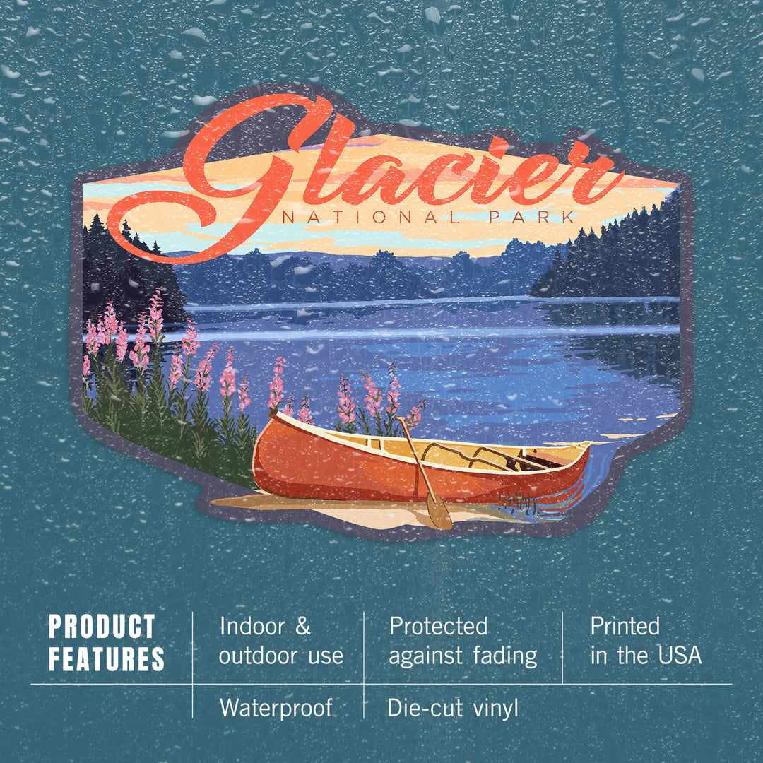Glacier National Park, Montana, Canoe & Lake, Contour, Lantern Press Artwork, Vinyl Sticker