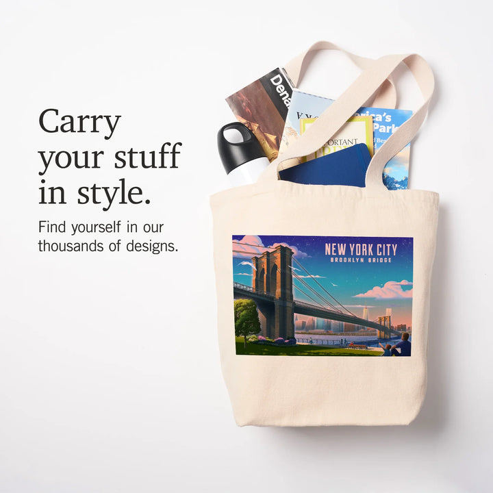 New York City, New York, Lithograph, Brooklyn Bridge at Dusk, Tote Bag