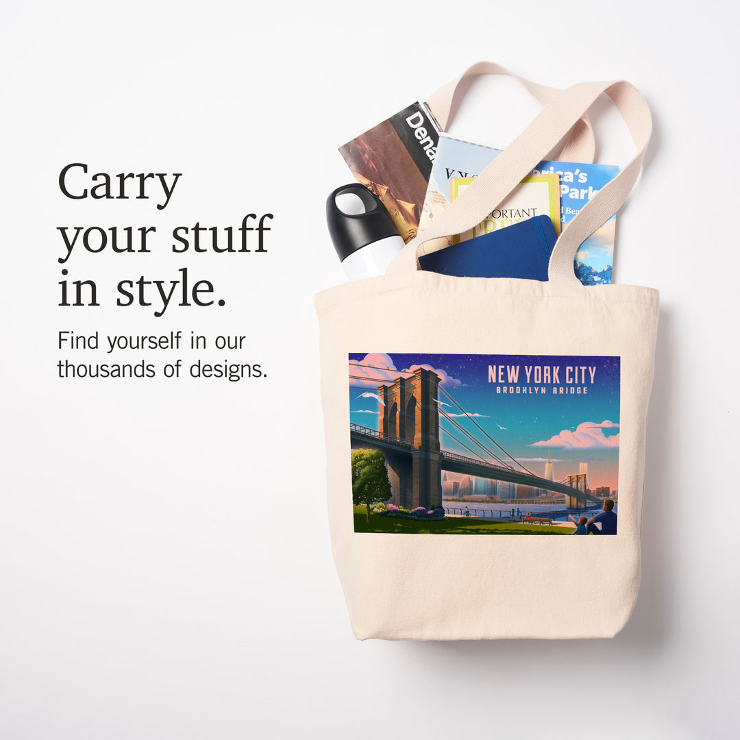 New York City, New York, Lithograph, Brooklyn Bridge at Dusk, Tote Bag