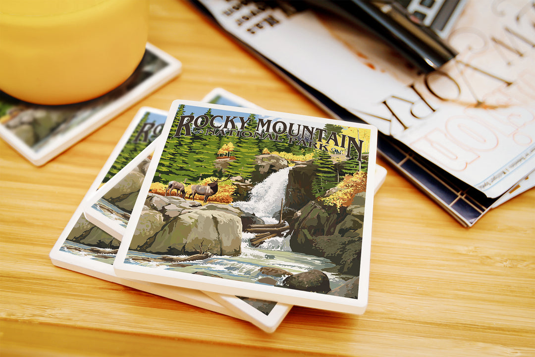 Rocky Mountain National Park, Colorado, Elk and Waterfall, Coaster Set