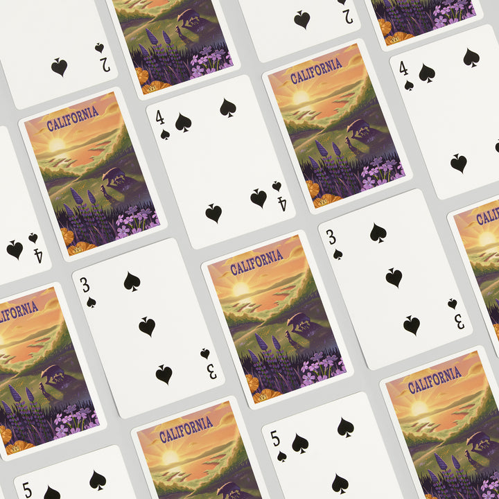Playing Cards, California, Lithograph, Bear and Spring Flowers, Lake, 52 Card Deck with Jokers in Box, Unique Art