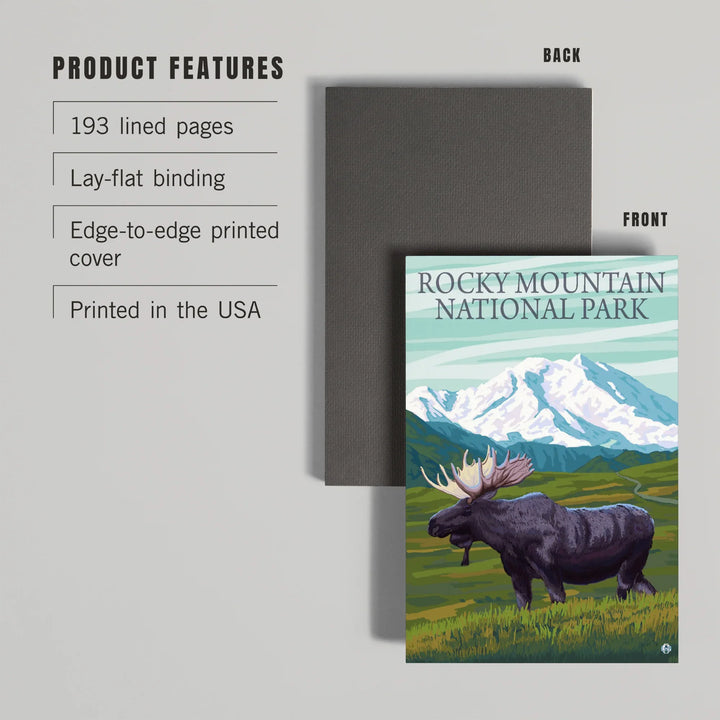 Lined 6x9 Journal, Rocky Mountain National Park, Colorado, Moose and Snowy Mountain, Lay Flat, 193 Pages, FSC paper