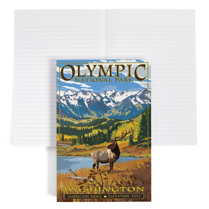 Lined 6x9 Journal, Olympic National Park, Washington, Hurricane Ridge and Elk, Lay Flat, 193 Pages, FSC paper