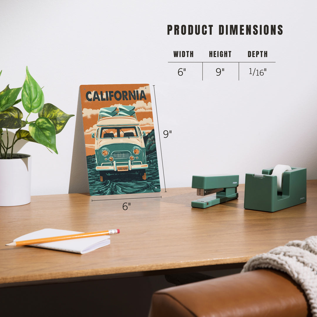 California, Letterpress, Camper Van, Metal Signs - Lantern Press