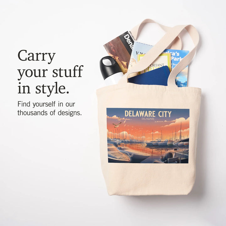 Delaware City, Delaware, Lithograph, Home Sweet Harbor, Boats in Marina, Tote Bag