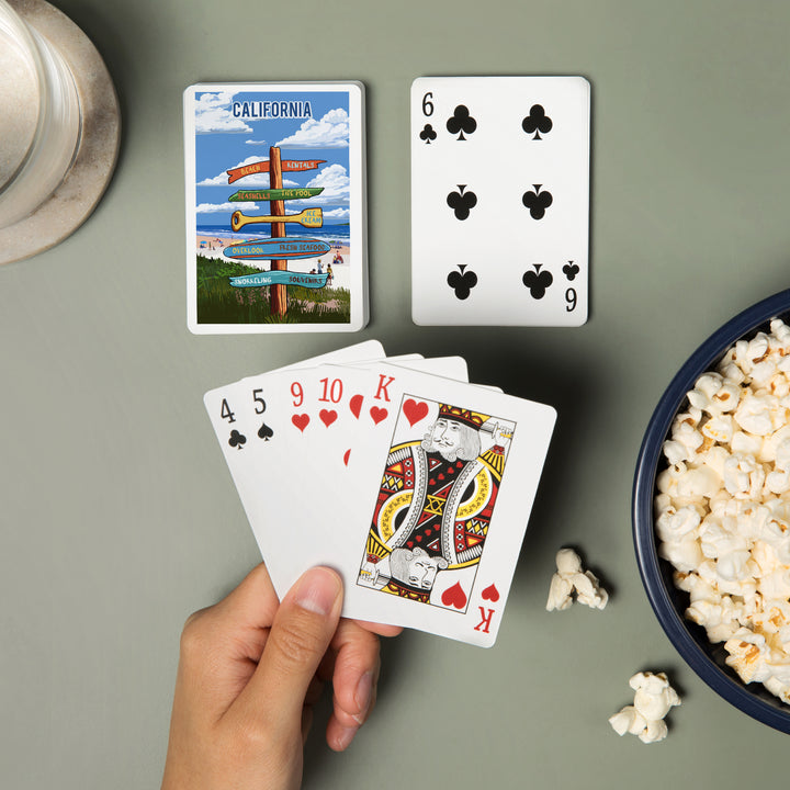Playing Cards, California, Signpost, Coast Beach with Umbrellas, 52 Card Deck with Jokers in Box, Unique Art