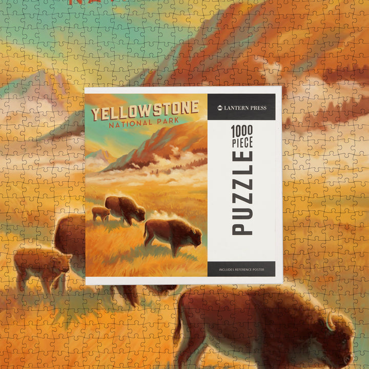 Yellowstone National Park, Bison Family, Oil Painting, Jigsaw Puzzle
