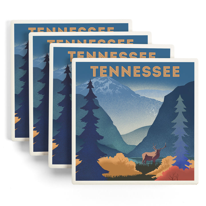 Tennessee, Lithograph, Elk and Mountains Scene ceramic coaster set
