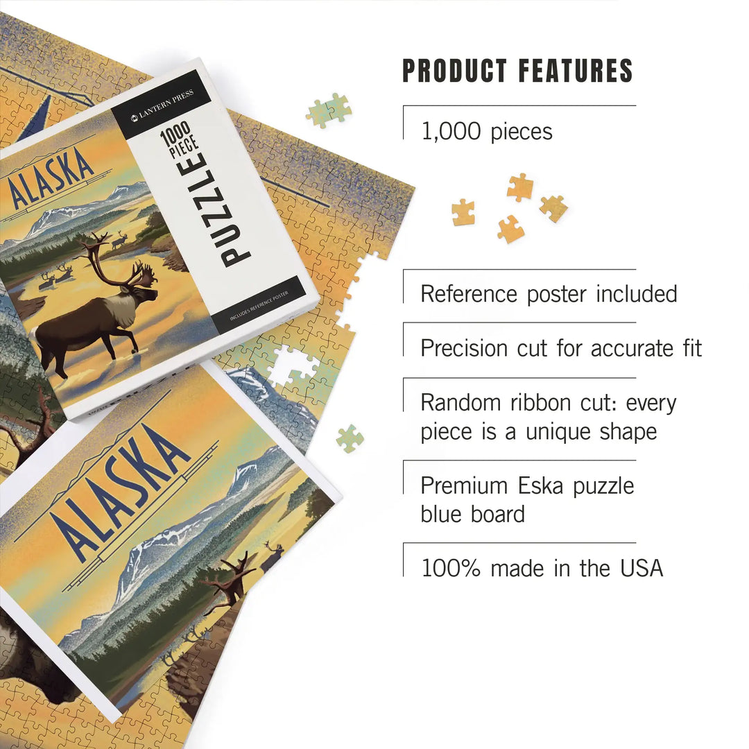 Alaska, Lithograph, Caribou, Jigsaw Puzzle