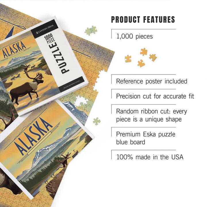 Alaska, Lithograph, Caribou, Jigsaw Puzzle