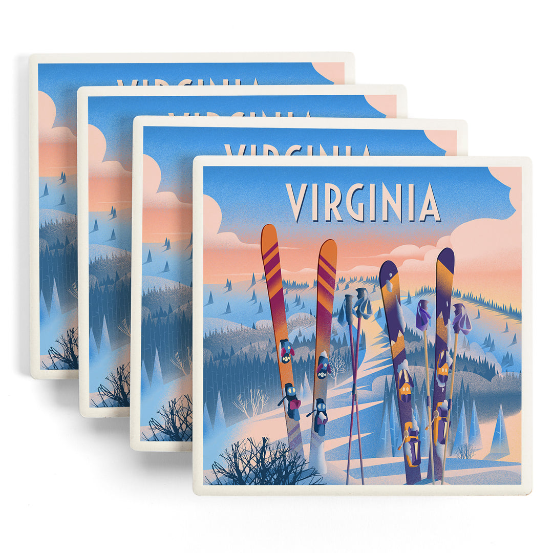 Virginia, Prepare for Takeoff, Skis in Snowbank ceramic coaster set