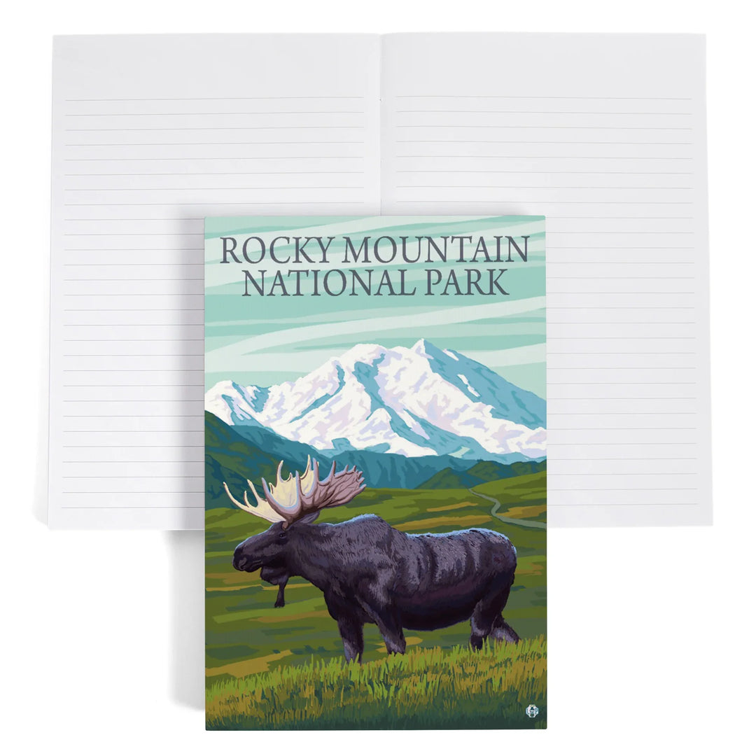 Lined 6x9 Journal, Rocky Mountain National Park, Colorado, Moose and Snowy Mountain, Lay Flat, 193 Pages, FSC paper