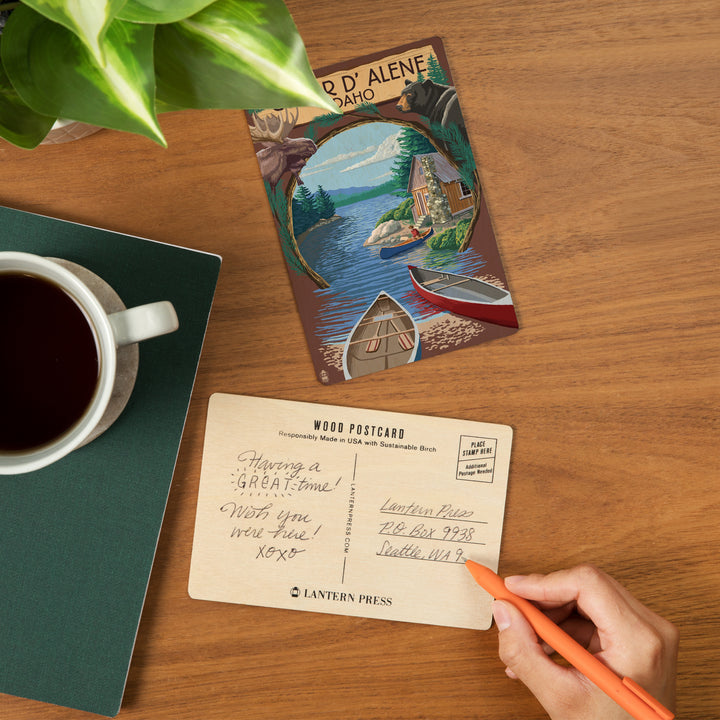 Coeur d'Alene, Idaho, Cabin on the Lake, Montage, Wood Sign and Postcards
