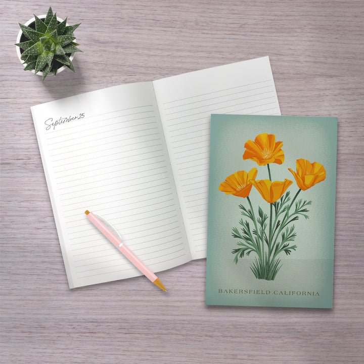 Lined 6x9 Journal, Bakersfield, California, Vintage Flora, State Series, California Poppy, Lay Flat, 193 Pages, FSC paper