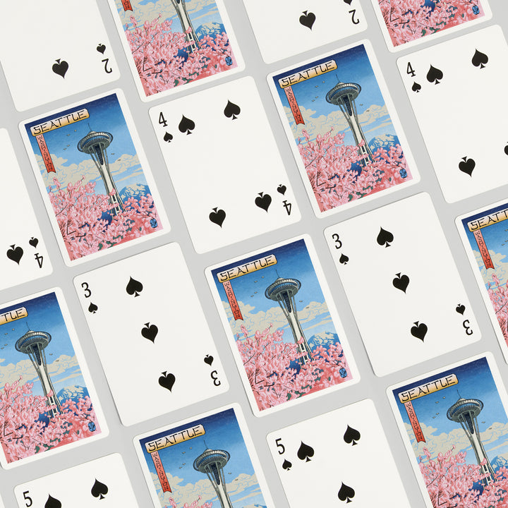 Playing Cards, Space Needle, Cherry Blossoms Woodblock, Seattle, Washington, 52 Card Deck with Jokers in Box, Unique Art