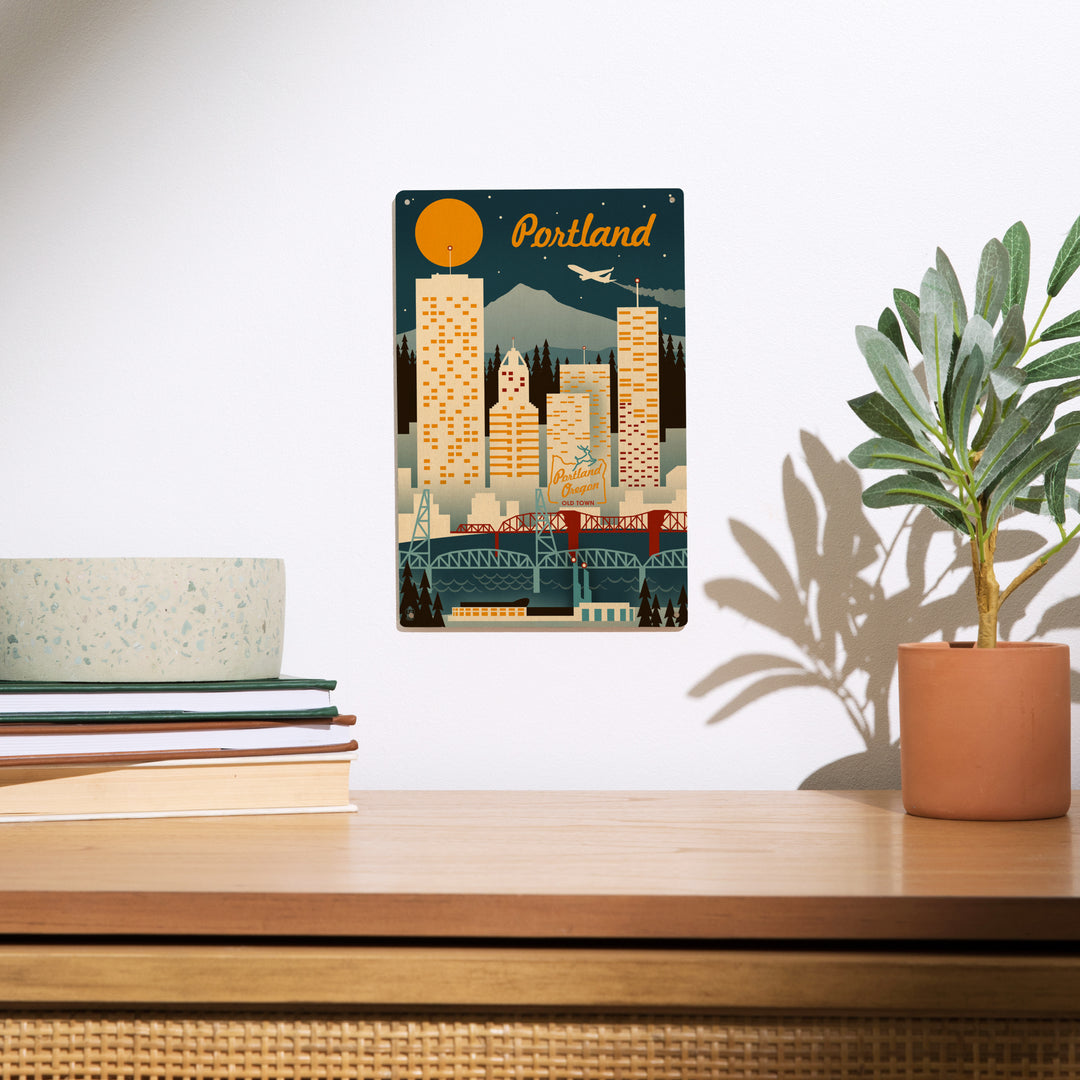 Portland, Oregon, Retro Skyline, Lantern Press Artwork, Wood Signs and Postcards