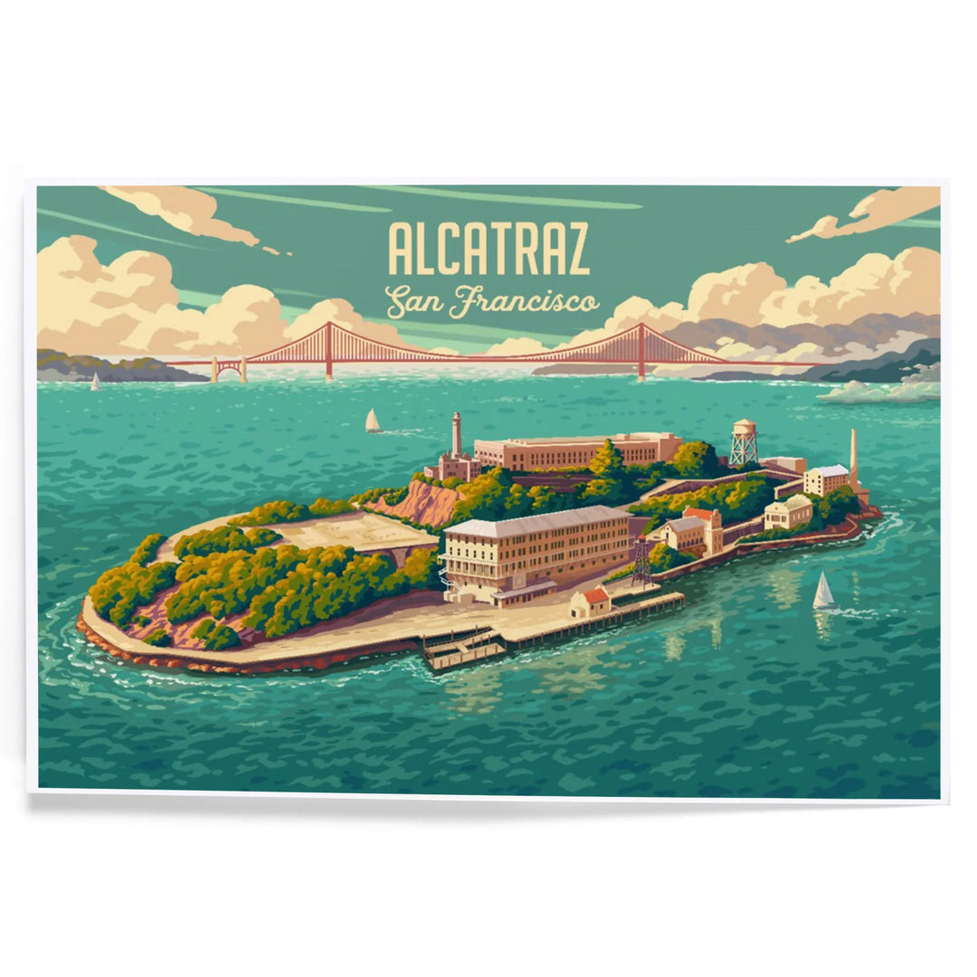 San Francisco, California, Alcatraz with Golden Gate Bridge, Painterly, Art & Giclee Prints