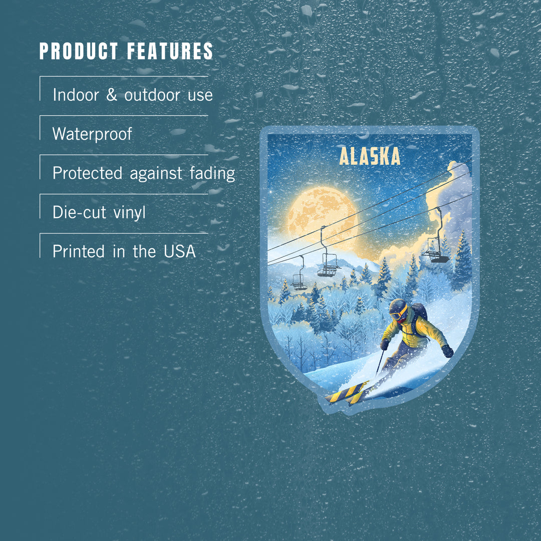Alaska, Lithograph, Night Ski, Vinyl Sticker