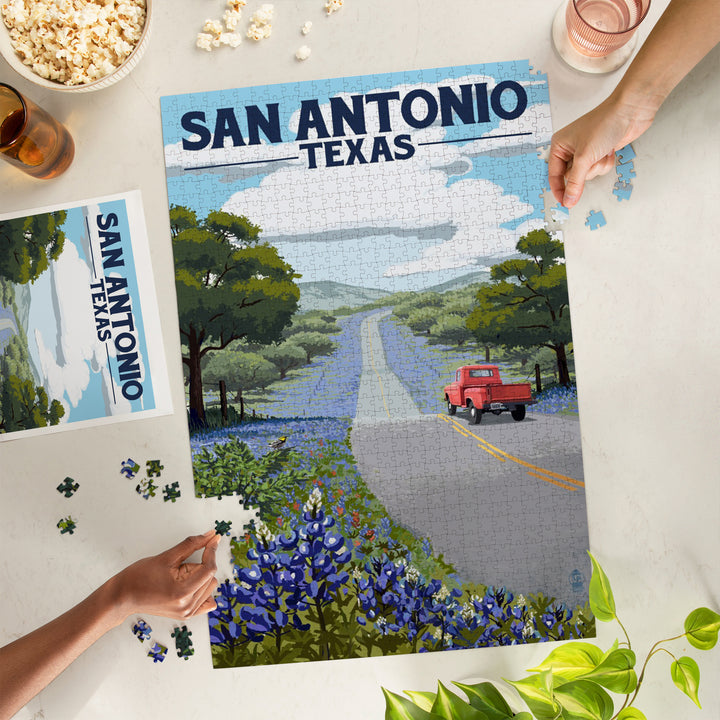 San Antonio, Texas, Painterly, Bluebonnets and Highway, Jigsaw Puzzle