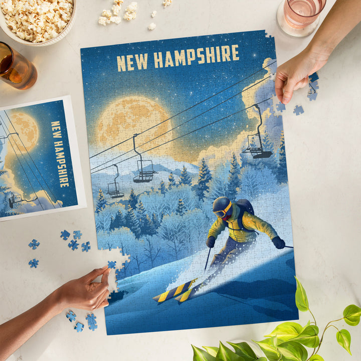 New Hampshire, Lithograph, Night Ski, 1000 Piece Jigsaw Puzzle
