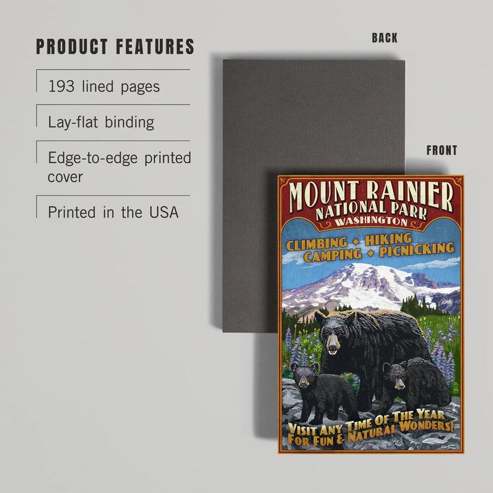 Lined 6x9 Journal, Mount Rainier National Park, Bear Family Vintage Sign, Lay Flat, 193 Pages, FSC paper
