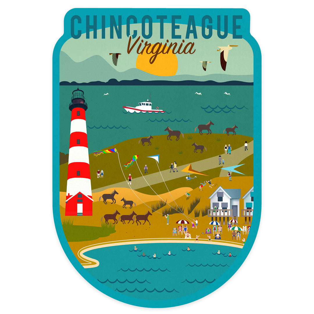 Chinconteague, Virginia, Beach, Ocean, & Lighthouse, Geometric, Contour, Lantern Press Artwork, Vinyl Sticker